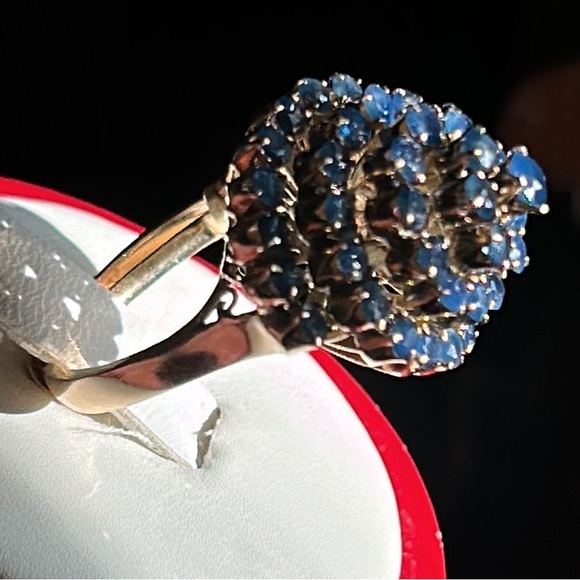 Sold-14K Yellow Gold Spiral Cluster Cocktail Natural Round Shape Blue Sapphire - Picture 5 of 17